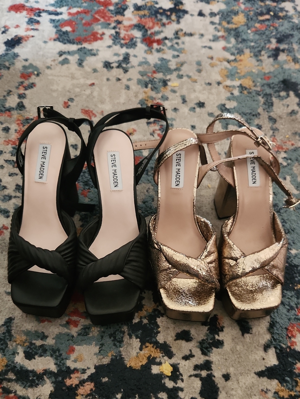 Steve Madden Two-Pair Platform Sandals in Black and Metallic Gold